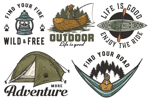 Collection of vintage-style emblems featuring outdoor adventure, including camping gear, canoe, tent, and spirit of wilderness exploration. Set of t-shirt prints for travel, nature hiking and camp.