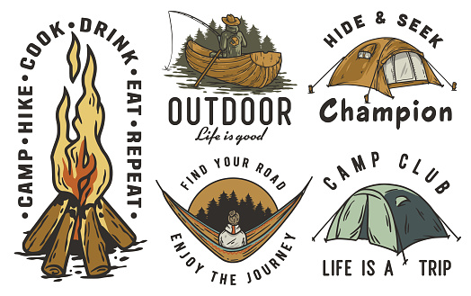 Collection of vintage outdoor adventure badges, camping elements like tents, campfire, canoe for nature enthusiasts and wilderness explorers. Set of t-shirt prints for travel, nature hiking and camp.