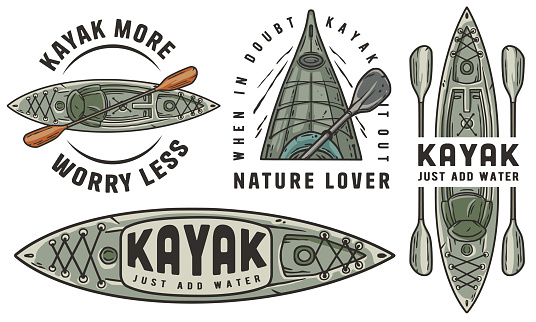 Set of vintage-style kayak adventure emblems featuring paddles and nature themes for outdoor enthusiasts and adventure branding. Set of t-shirt prints for travel, camping, nature hiking and camp.