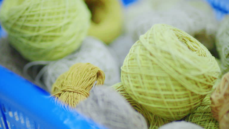 Bright balls of wool in a basket in the store.