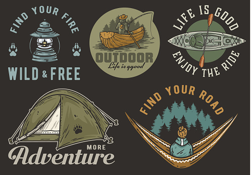 Collection of vintage-style emblems featuring outdoor adventure, including camping gear, canoe, tent, and spirit of wilderness exploration. Set of t-shirt prints for travel, nature hiking and camp.