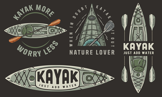 Set of vintage-style kayak adventure emblems featuring paddles and nature themes for outdoor enthusiasts and adventure branding. Set of t-shirt prints for travel, camping, nature hiking and camp.