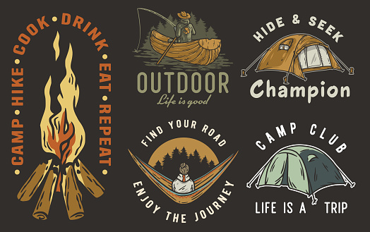 Collection of vintage outdoor adventure badges, camping elements like tents, campfire, canoe for nature enthusiasts and wilderness explorers. Set of t-shirt prints for travel, nature hiking and camp.
