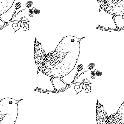 Seamless pattern with funny redbreast birds, flowers, leaves. Flat vector illustration with cartoon bird silhouette. Cute characters. Design for invitation, poster, card, textile, fabric.