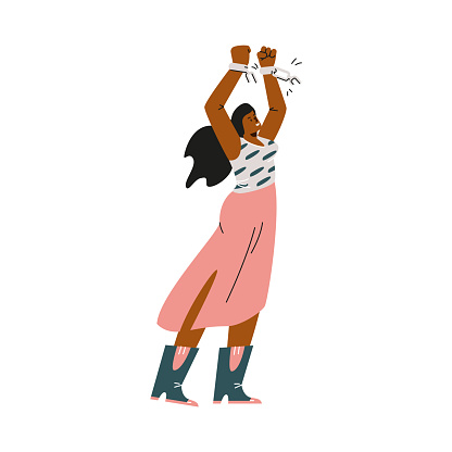 Victorious woman breaking chains, a vector illustration of strength and resilience, rendered in a modern, minimalist style with dynamic, uplifting energy.
