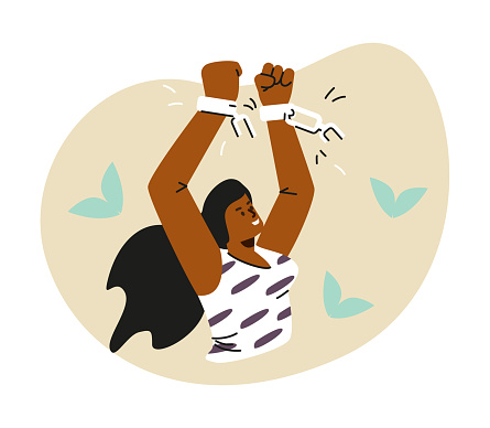 A woman breaks free from shackles, symbolizing empowerment. Vector illustration with minimalist design, subtle decorative leaves enhancing the theme of liberation.