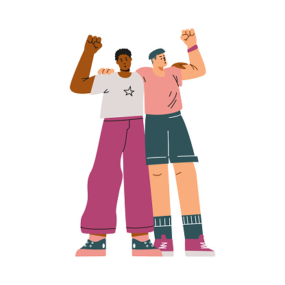 Vector illustration focused on human rights against discrimination. The male activists hugged each other and raised their hands in the air with their fists clenched.
