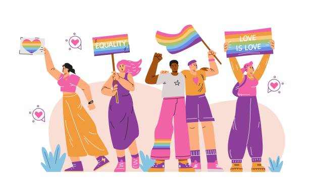 Pride Day Flat Vector with LGBTQ flags and unity theme. Isolated background. A day of unity in honor of Pride Day, which includes people with different gender identities, displaying LGBTQ banners and flags. Vector art captures the spirit of equal rights in vibrant designs. lesbian pride stock illustrations