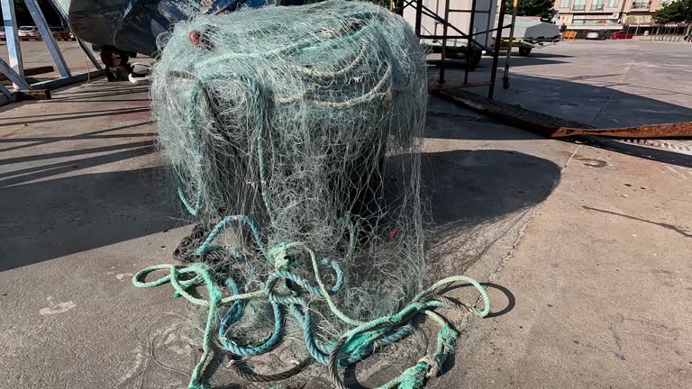 Tangled fisherman's net discarded in harbor