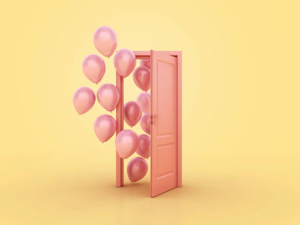 3D Open Door with Balloons - Colored Background - 3D Rendering
