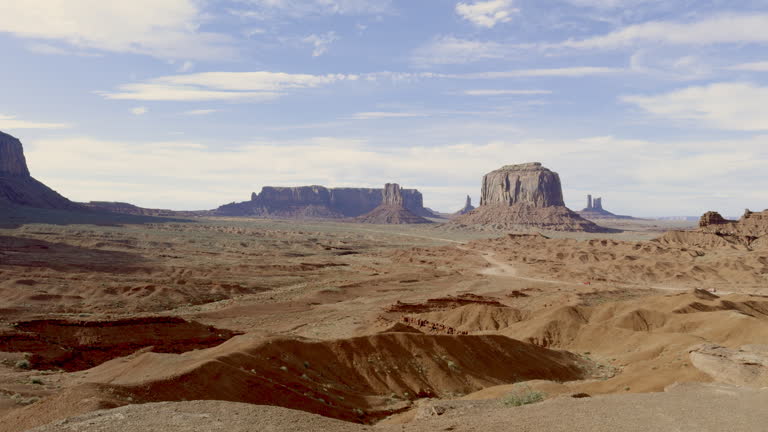 Panning Shot Merrick Butte, West Mitten and East Mitten from Deep Within Monument Valley Tribal Park in the Navajo Nation