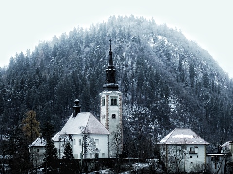 An atmospheric shot of the Church of the Assumption of Mary on the island in Lake Bled, Slovenia