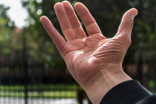 Black and white photo of wrinkled hands of senior generation