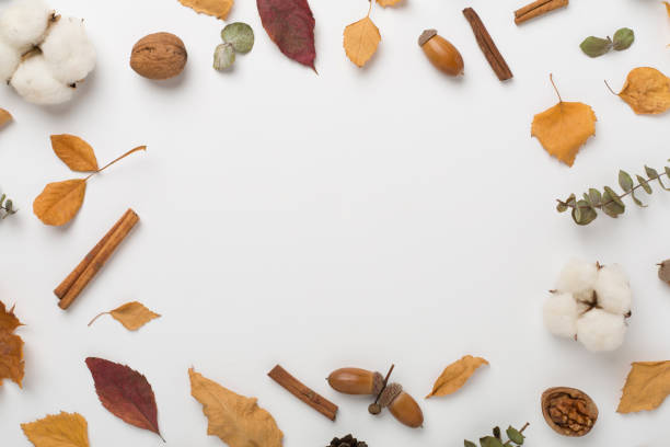 istock Autumn leaves with decor on wooden background, top view 2150202797