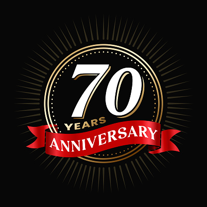 70 years anniversary logo design with red color ribbon and gold shiny circle celebration elements. 70th wedding anniversary poster, template. Company 70 years age success banner on black background.