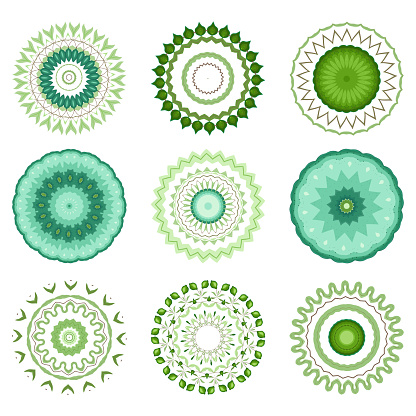 Nine circular designs in a green and turquoise palette on a white background. Each mandala consists of intricate patterns reminiscent of Indian henna tattoos, characterised by a combination of lines,
