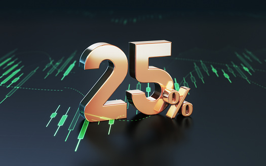 3d render 25 Percent Symbol sitting on Business and Financial and Technical Data Chart (Depth of field)