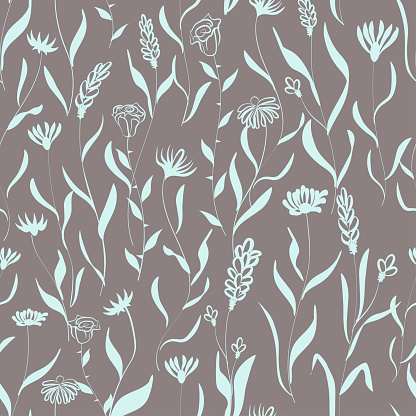 Seamless floral pattern featuring a variety of flowers such as roses, lavender, and daisies, along with leaves, rendered in a hand-painted style. The flowers and leaves vary in size and are distributed evenly across the image on a deep brown, or taupe, background. The floral elements are painted with detail that gives the pattern a simple yet natural feel.
