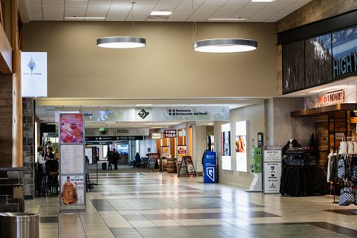A panoramic view of vacant stores in a newly constructed shopping plaza. Multiple shots combined and cleaned up for a very generic, clean look. Canon 5D MarkII 