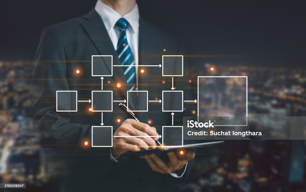 Businessman Shows Diagram Algorithm Flow Stock Photo - Download Image ...