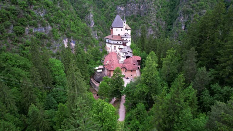 Sanctuary of Saint Romedio - famous piligrimage site and monastery of Europe. Trentino , val di Non, north of Italy. aerial drone view
