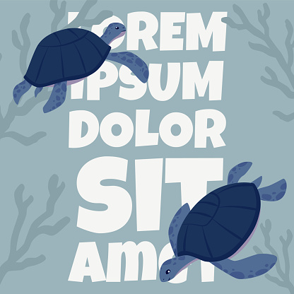 Underwater scene with turtles and coral. Vector illustration featuring sea turtles among marine plants, ideal for educational and environmental themes.