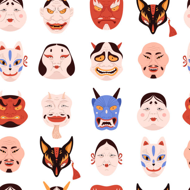 Vector Seamless Pattern Of Japanese Kabuki Mask Okami Noh Theater
