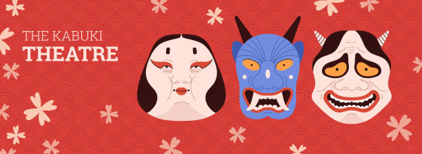 Website banner template with kabuki masks or makeup flat style Website banner template with kabuki masks or makeup flat style, vector illustration on red background. Decorative design with text, Japanese theatre, traditions and culture Kabuki stock illustrations