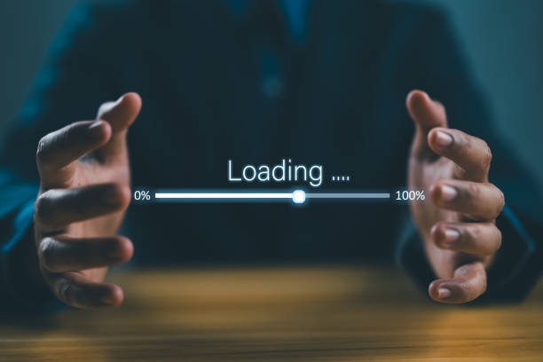 Digital loading bar progress from 0% to 100% between businessman hands for information download data concept.