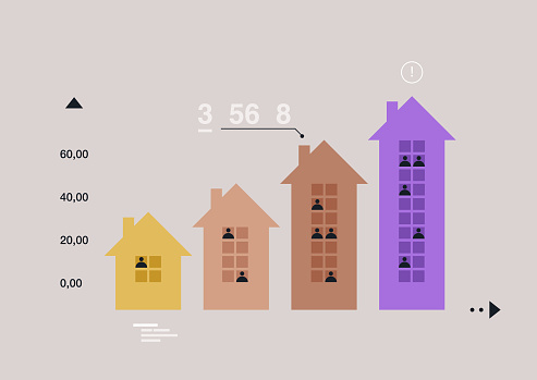 Ascending Property Value Illustrated in a Housing Market Infographic, Stylized buildings aligned with rising graphics showcasing investment growth