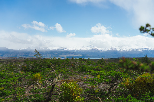 Beautiful landscape of snowed mountain range in chilean patagonia