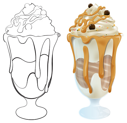 Vector illustration of a caramel drizzled ice cream sundae.