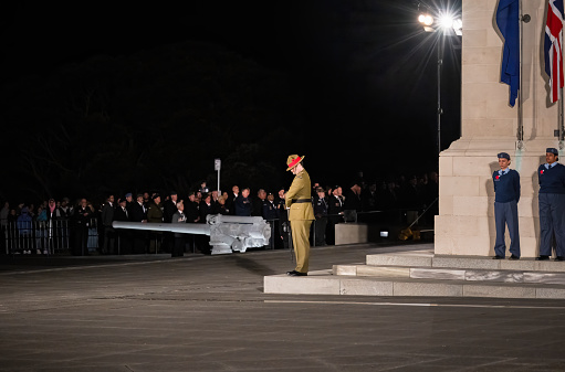 Auckland, New Zealand - April 25 2024: Anzac Day commemoration. Dawn Service at the Court of Honour. Auckland Domain.