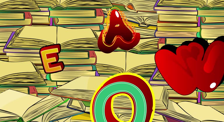 Letters on books. Motion poster. 4k animated Comic book moving elements on abstract comics background.