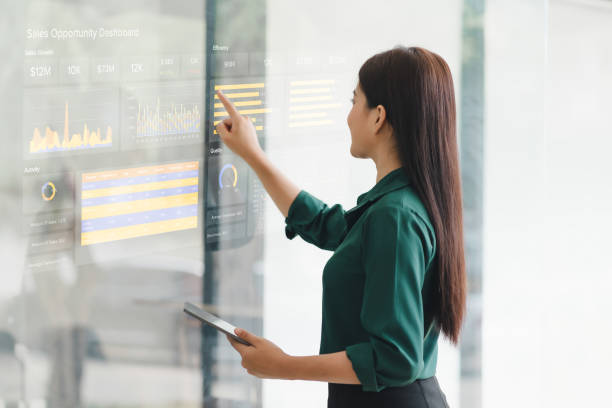 istock Businesswoman interacts with a digital sales dashboard displaying various performance metrics and analytics. 2150230402