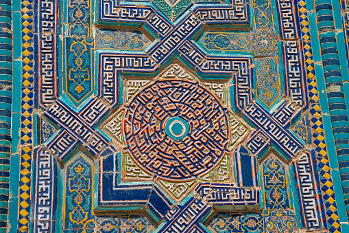 Beautiful details of the mausoleums and domes of the historical cemetery of Shahi Zinda, Samarkand, Uzbekistan.