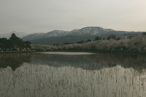 Mountains behind a lake in Nagano, Japan.
