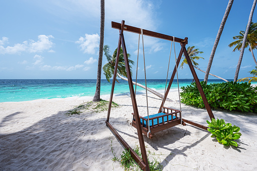 Empty swing on the tropical paradise beach