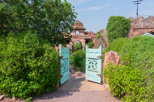 Entrance gate of Rao Jodha Desert Rock Park, Jodhpur, Rajasthan, India. Near the historic Mehrangarh Fort , park contains ecologically restored desert and arid land vegetation, a tourist spot.