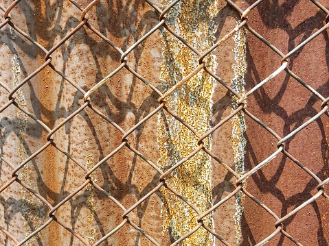 a photography of a chain link fence with a rusted wall behind it.