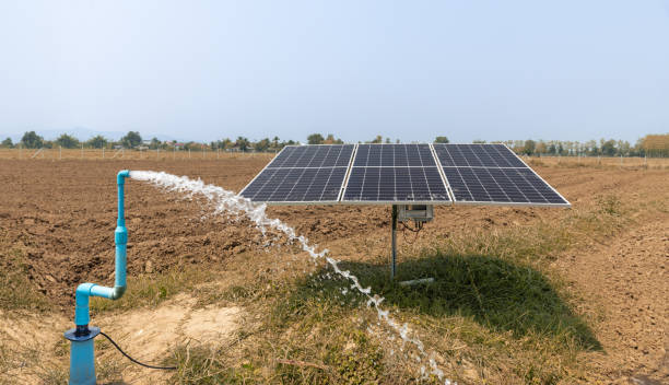 istock Solar panel for groundwater pump in agricultural field during drought by El Nino phenomenon. 2150237543