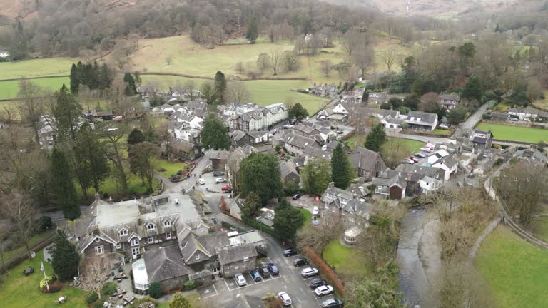 Ancient Village Of Grasmere In English Lake District, Cumbria, England. Aerial Shot