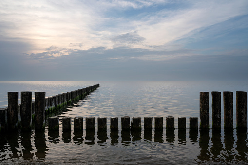 View of wooden breakwaters against the background of the sunset sky and calm on the Baltic Sea, Svetlogorsk, Kaliningrad region, Russia