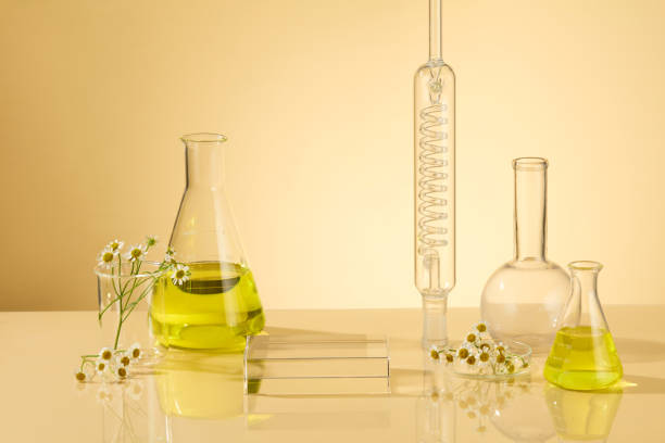hand carefully pours pink liquid from a small flask into a large Erlenmeyer flask filled with water and pink flowers. setting captures a blend of nature and science.