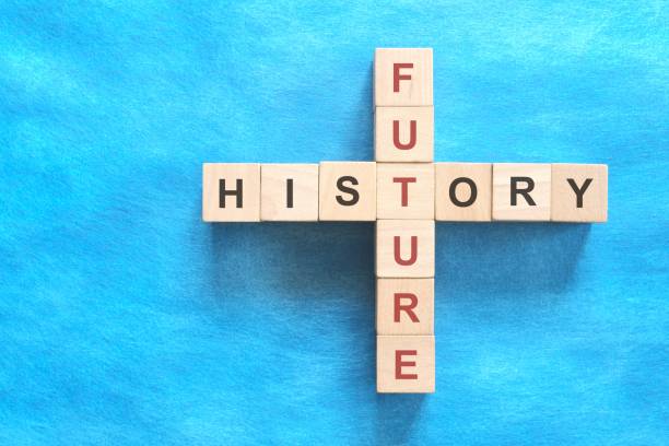 istock History and future relationship and interconnection concept. Flat lay in blue background. 2150242225