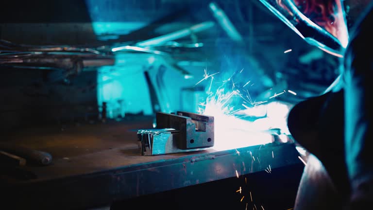 Blacksmith welder using welding machine. stock video