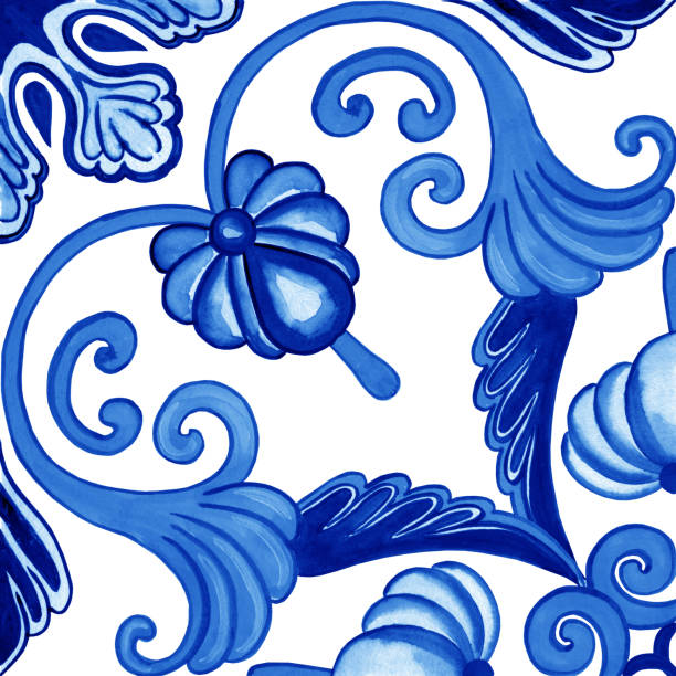 istock Ceramic tile design in blue colors. Sicilian seamless ornament. Baroque watercolor background. Hand drawn royal ornament. Mediterranean Italian print. 2150246022