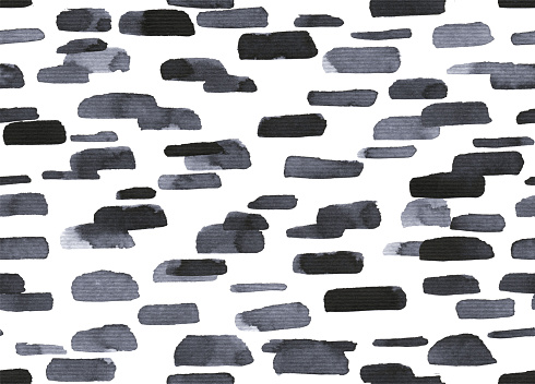 Seamless pattern design in vector with amazing natural details. Short thick and narrow horizontal black watercolor lines isolated on white paper background. Brush strokes templates. Unique textures.