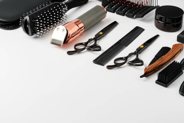 istock Set of barber tools for haircut on gray background flat lay 2150247234