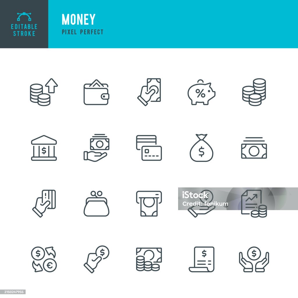 Money - 벡터 선형 아이콘 집합입니다. 완벽한 픽셀. 편집 가능한 획. 세트에는 돈, 은행, 돈 가방, 지갑, 거스름돈 지갑, 돼지 저금통, ATM 기계, 지폐, 월급, 신용 카드가 포함되어 있습니다. - 로열티 프리 아이콘 벡터 아트 Money - 벡터 선형 아이콘 집합입니다. 완벽한 픽셀. 편집 가능한 획. 세트에는 돈, 은행, 돈 가방, 지갑, 거스름돈 지갑, 돼지 저금통, ATM 기계, 지폐, 월급, 신용 카드가 포함되어 있습니다. - 로열티 프리 아이콘 벡터 아트
